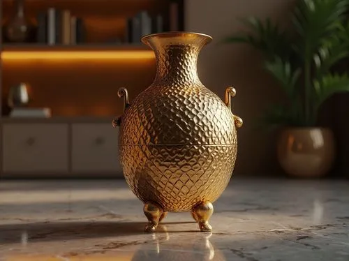 Bronze material, decorative vase, luxurious interior design, modern living room, dim warm lighting, marble floor, bronze legs, intricate patterns, metallic texture, reflective surface, ornate details,