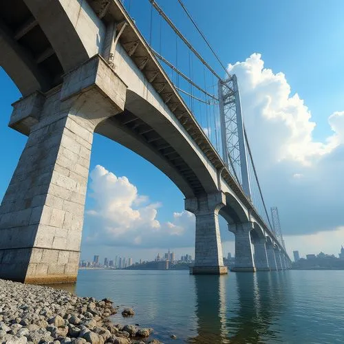 granite, bridge, construction, massive stone pillars, strong arches, rough rock texture, grey and white flecks, natural pattern, monumental structure, urban landscape, city riverbank, sunny day, clear