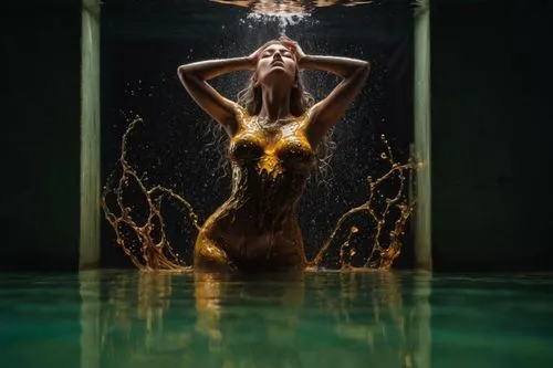 woman sitting in water in the middle of a pool with their body covered,splash photography,photoshoot with water,submerged,water nymph,under the water,submersed,submerging,submergence,submerge,under wa