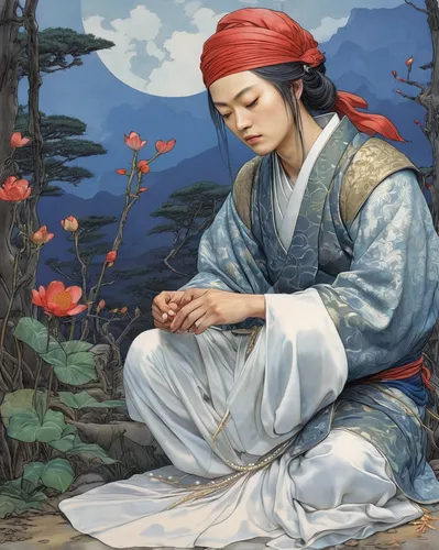 oriental painting,chinese art,yi sun sin,girl picking flowers,luo han guo,japanese art,korean history,korean culture,xing yi quan,choi kwang-do,meticulous painting,dongfang meiren,junshan yinzhen,orientalism,praying woman,woman praying,japanese woman,bamboo flute,rou jia mo,asian woman,Illustration,Japanese style,Japanese Style 18