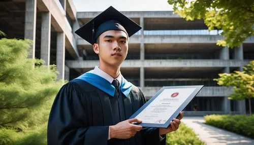 Young adult, male, university student, holding diploma, graduation ceremony, modern university campus, brutalist architecture building, concrete structure, large glass windows, steel beams, greenery s