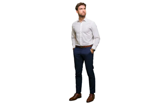 Man, thinking, solo, (30yo), handsome detailed face, furrowed eyebrows, slight beard, messy brown hair, white dress shirt, black suit pants, leather shoes, standing, arms crossed, introspective, warm 