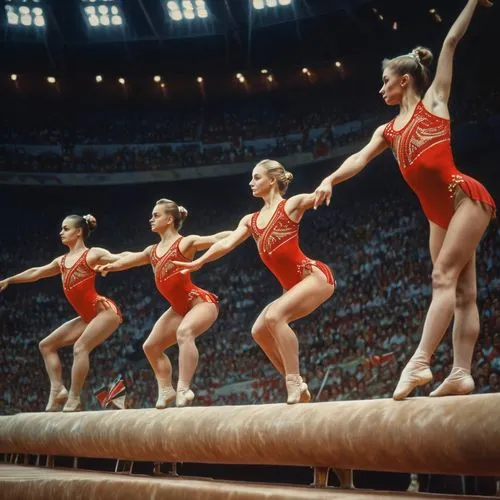 Realistic painting of the Soviet Olympic Gymnastics team at the 1972 Munich Olympics, by Konstantin Razumov and Yuri Kugach, (long shot), dramatic lighting, intricate details of their leotards and mov