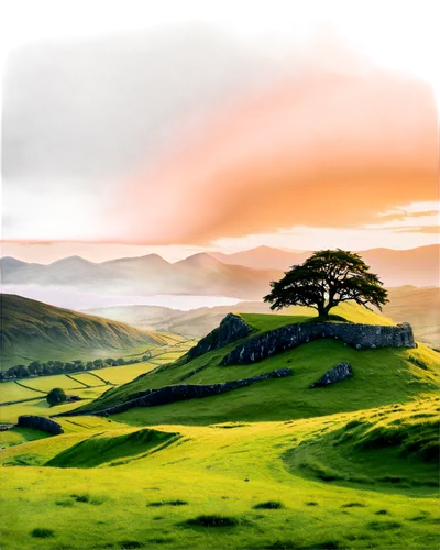 Scottish Highlands landscape, misty mountains, rolling hills, green grass, ancient stone walls, rugged terrain, solitary tree, cloudy sky, warm sunset light, panoramic view, cinematic composition, vib