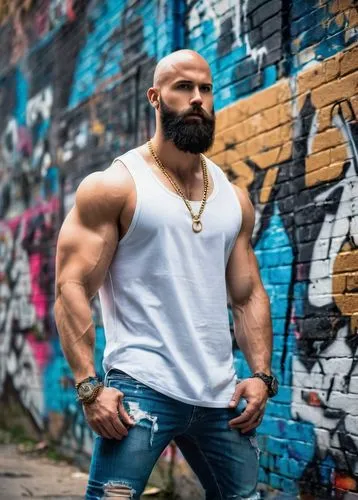 Gigachad, muscular man, 30yo, bald head, thick beard, blue eyes, serious face, gold chain necklace, sleeveless denim jacket, white tank top, ripped jeans, black boots, confident pose, urban street, gr