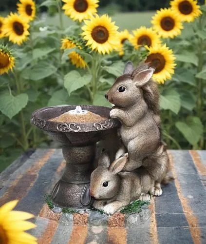 squirrels,relaxed squirrel,whimsical animals,garden decor,pikas,squirreling,Small Objects,Outdoor,Sunflowers