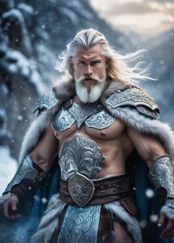 Norse god, muscular man, powerful build, flowing white hair, icy blue eyes, thick beard, fur cloak, silver armor, intricate engravings, mythological creatures, snowflakes gently falling, winter wonder