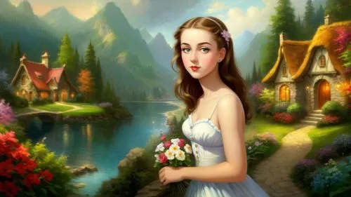 Beautiful kistch oil painting, majestic scenery, by Thomas Kinkade,fairy tale character,landscape background,fantasy picture,bridewealth,girl in flowers,beren,betrothal,girl in the garden,fairyland,ro