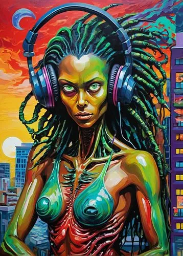 rastaman,graffiti art,brooklyn street art,medusa,hip hop music,reggae,cyberpunk,music,african american woman,voodoo woman,bjork,black woman,oil painting on canvas,headphones,neon body painting,african woman,streetart,graffiti,audiophile,urban street art,Conceptual Art,Oil color,Oil Color 20