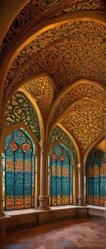 arcaded,the palau de la música catalana,guastavino,gaudi,mosaics,undercroft,shekhawati,archways,persian architecture,vaulted ceiling,murals,moroccan pattern,hall roof,terracotta tiles,arches,azulejos,porticos,foyer,alcazar of seville,art nouveau frames,Illustration,Japanese style,Japanese Style 20