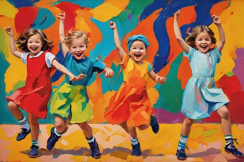 children jump rope,kids illustration,happy children playing in the forest,dance with canvases,cheerfulness,children girls,children drawing,dancers,school children,oil painting on canvas,modern pop art,little girls walking,child art,children's hands,children's feet,little girls,children,girl scouts of the usa,art painting,cool pop art,Conceptual Art,Oil color,Oil Color 25