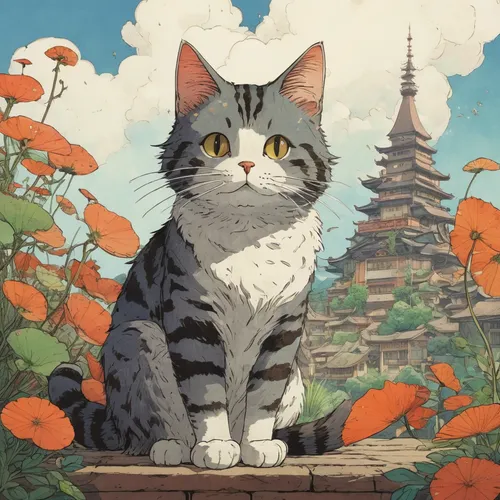 Cat,Ghibli style,studio ghibli,chinese pastoral cat,flower cat,japanese bobtail,oriental painting,my neighbor totoro,felidae,cat sparrow,violet evergarden,cat european,japanese art,cat,lucky cat,cat i