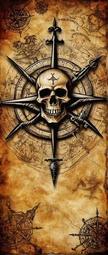 Treasure map, tattoo, male, muscular arm, sleeveless, pirate-themed, aged paper texture, faded ink, intricate details, compass rose, longitude and latitude lines, X marks the spot, skull and crossbone