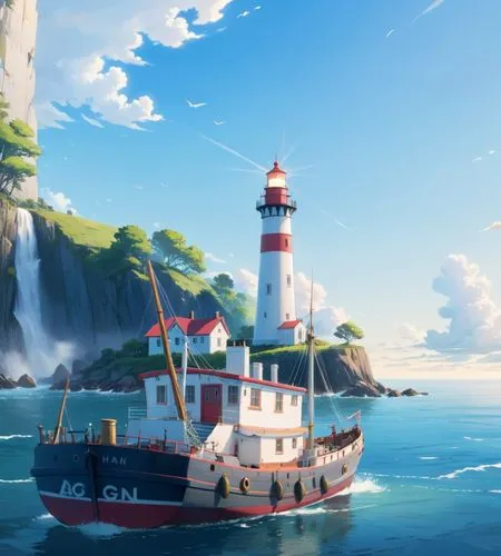 a fishing ship moves toward the lighthouse that on the edge of cliff,an artistically painting of a small boat out on the water near a lighthouse,hosoda,travelocity,cartoon video game background,scarle