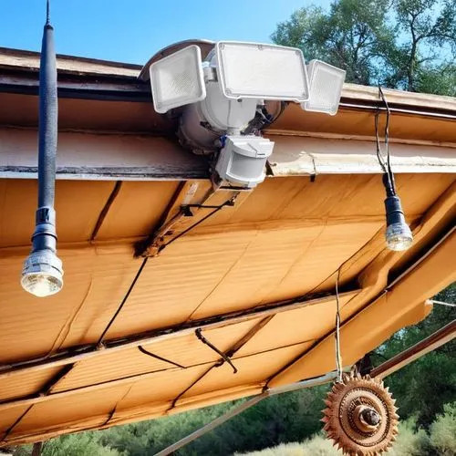 three cameras are attached to a building with wood siding,herreshoff,wind powered water pump,bowsprit,suvero,tailwheel,aerial passenger line,Small Objects,Outdoor,Desert