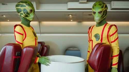 A photo of two aliens in an airplane with a distinctly reptilian appearance, their mottled green and brown skin giving them a chameleon-like camouflage effect. Their faces are unsettling, with dark, m