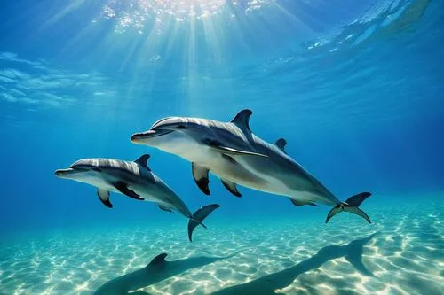 A pod, school, or herd of dolphins, jumping, playing, swimming, in unison, shiny, wet, smooth skin, dorsal fin, blowhole, aquatic, ocean, coral reef, seaweed, sunny day, clear turquoise water, splashi