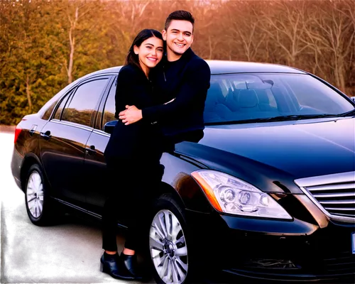 Couple, young adults, romantic, smiling faces, embracing, leaning on car, shiny black sedan, sleek design, alloy wheels, daytime, soft sunlight, 3/4 composition, warm color tone, cinematic lighting, g