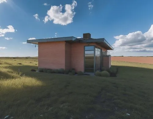 a very small, bricked building in a field with grass and a sky with clouds,dunes house,photogrammetric,beach hut,inverted cottage,cubic house,outhouse,Photography,General,Realistic