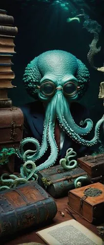 Squidward, grumpy octopus, tentacles, detailed suckers, blue-green skin, messy brown hair, glasses, white shirt, black tie, brown pants, sitting at desk, underwater, dim lighting, eerie atmosphere, co