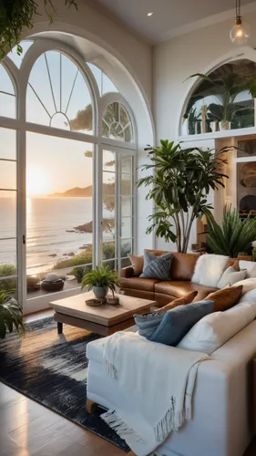 "Coastal landscape view, directional sun light ,living room,beautiful home,ocean view,livingroom,beach house,luxury home interior,penthouse apartment,bay window,great room,window with sea view,seaside