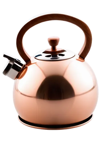 Whistling kettle, shiny metal body, rounded shape, short spout, wooden handle, copper bottom, steam rising, morning light, warm atmosphere, close-up shot, shallow depth of field, high-key lighting, 3/