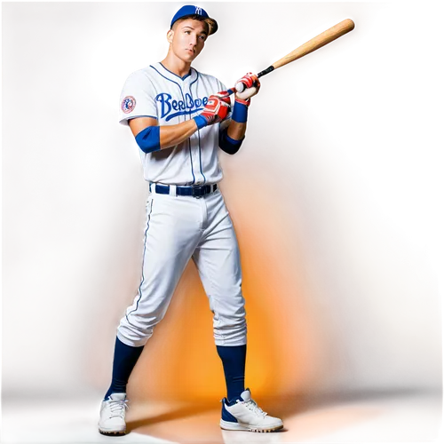 Male athlete, baseball player, holding bat, sporty hairstyle, sweaty forehead, intense gaze, athletic wear, baseball glove, white jersey, blue pants, sneakers, dynamic pose, action shot, dramatic ligh