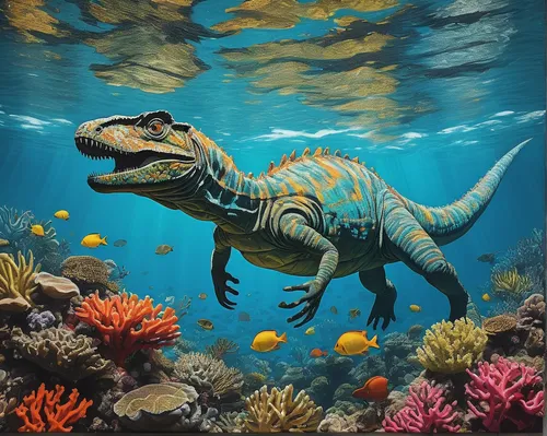 ankylosaurus,spinosaurus,aucasaurus,tirannosaurus,marine iguana,landmannahellir,tyrannosaurus,pachycephalosaurus,marine reptile,allosaurus,dinosaur,tyrannosaurus rex,dino,aquarium decor,underwater landscape,salt water crocodile,dinosaruio,stegosaurus,cynorhodon,aquarium,Conceptual Art,Graffiti Art,Graffiti Art 04