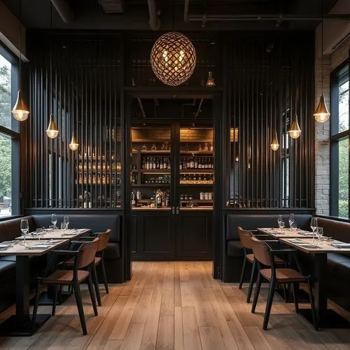 create a hyper-realistic image of a Modern restaurant interior design, with a black and gold color scheme and has a industrial ceiling. The tables are accompanied by modern chairs, and the floor is ma