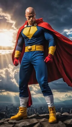 Saitama, Omni-man, muscular man, bald head, serious facial expression, black eyebrows, prominent nose, thick lips, iconic costume, red cloak with yellow belt, white shirt with torn sleeves, blue pants