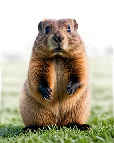 Groundhog, outdoor, solo, (adult), fluffy fur, cute whiskers, bright curious eyes, standing upright, paws together, green grass, sunny day, warm light, shallow depth of field, 3/4 composition, natural