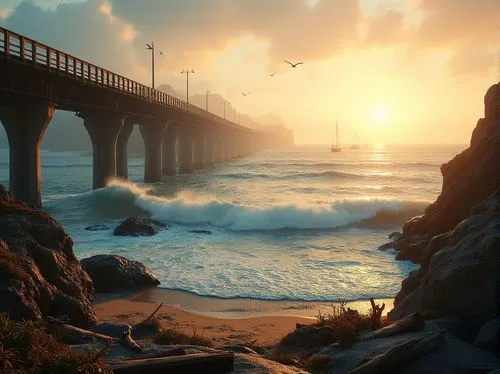 Coastal bridge, ocean scenery, sunset time, warm golden light, gentle sea breeze, misty atmosphere, seagulls flying overhead, sailboats in distance, waves gently crashing against pillars, rugged rocky