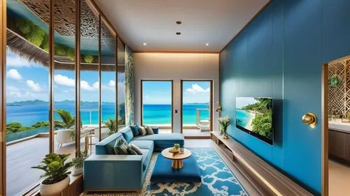 This photo shows the living room of a hotel suite in Puli, Taiwan.
The design incorporates elements of summer, the seaside and Bali, with a modern twist of blues and greens.
The suites feature stylish