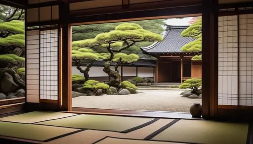 japanese-style room,ryokan,japanese zen garden,ryokans,japan garden,dojo,zen garden,japanese garden ornament,japanese shrine,kyoto,tatami,japanese garden,tea ceremony,chanoyu,hideyoshi,heian,ginkaku-ji temple,japanese art,japanese background,teahouse,Illustration,Japanese style,Japanese Style 08