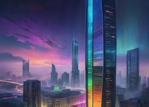 supertall,skyscraper,futuristic landscape,cybercity,the skyscraper,skyscrapers,cityscape,guangzhou,colorful city,skyscraping,futuristic,electric tower,metropolis,cybertown,cyberpunk,skycraper,hypermodern,futuristic architecture,cyberport,fantasy city,Illustration,Vector,Vector 07