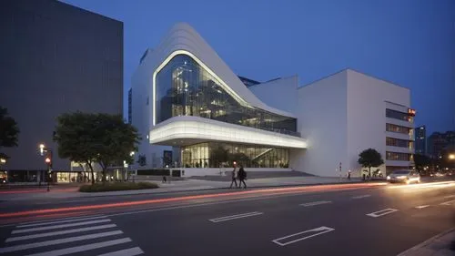 City night, City Street at night,a white building at dusk with street lights lit up,mercedes-benz museum,artscience museum,walt disney center,julliard,christ chapel,hongdan center,Photography,General,