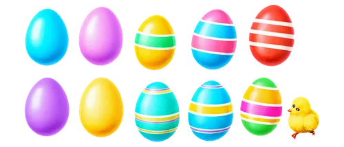 Colorful Easter stickers, cartoon style, various shapes, eggs, bunnies, flowers, chicks, candies, baskets, ribbons, shiny surface, vibrant colors, soft lighting, close-up shot, PNG with transparent ba