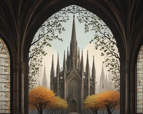 triforium,nidaros cathedral,schuitema,ulm minster,schuiten,cologne cathedral,koln,gothic church,tirith,spires,duomo,neogothic,lichfield,cathedral,basiliensis,cologne,milan cathedral,cologne panorama,church painting,gondolin,Illustration,Japanese style,Japanese Style 08