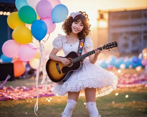 japanese idol,miku maekawa,melody,guitar,pink balloons,playing the guitar,rainbow color balloons,concert guitar,country dress,solo entertainer,music artist,balloons,mari makinami,kawaii girl,little girl with balloons,entertainer,pile,heart balloons,doll dress,cheerful,Photography,Black and white photography,Black and White Photography 15