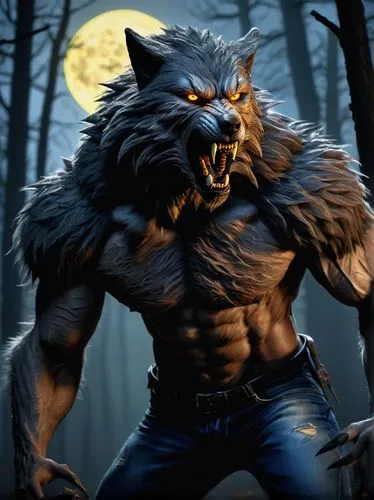 Realistic werewolf, muscular male, furry body, sharp claws, glowing yellow eyes, full moonlight, misty forest, tall trees, eerie atmosphere, detailed fur texture, dynamic pose, howling at the sky, rip