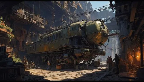 merchant train,alleyway,narrow street,old train,the train,train route,carriage,trolley train,train wagon,freight,ghost locomotive,old linden alley,alley,steampunk,transportation,locomotive,through-freight train,streetcar,merchant,street car,Conceptual Art,Sci-Fi,Sci-Fi 01