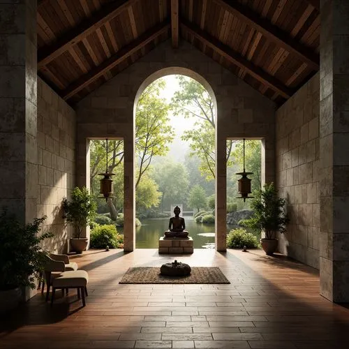 Sacred temple, serene atmosphere, natural materials, wooden floors, stone walls, vaulted ceiling, soft warm lighting, calming colors, minimalist decor, meditation area, Buddha statue, incense sticks, 