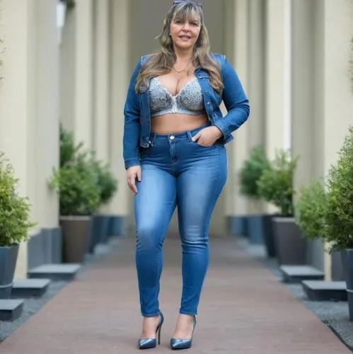 beautyful chubby woman with big breast, wearing a jeans jacked, denim jeans and high heels,plus-size model,denim jumpsuit,denim jeans,plus-size,denim and lace,jeans,goura victoria,denim,high waist jea