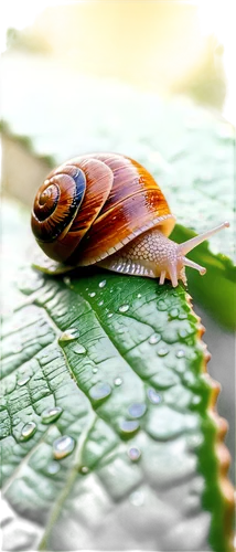 Snail, green leaf, tiny shell, slimy trail, delicate legs, antennae, morning dew, soft natural light, 3/4 composition, shallow depth of field, warm color tone, cinematic lighting, macro shot, extreme 