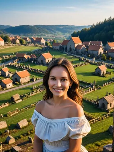 A 3-dimensional farming village and a cemetery in the background. In the foreground should be a very small, smiling 40-year-old woman with dark hair and an off-the-shoulder peasant smock.,a beautiful 