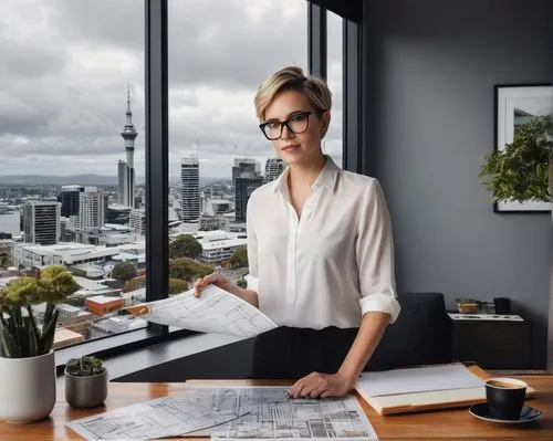 Modern architectural design studio, Auckland NZ, female architect, 30yo, short hair, glasses, minimalist makeup, white shirt, black trousers, holding a scale model, standing in front of a large window