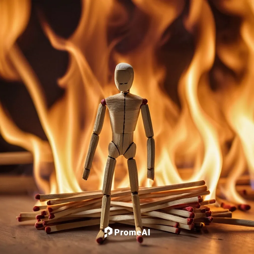 Create a photo of A matchstick man huddles with a bunch of matches, possibly contemplating his own life. The box of matches behind him is on fire. Style realistic, omni light, ultra detailed ultra qua