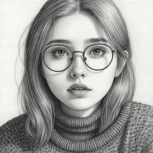 女生，眼镜，黑白，素描，毛衣,the portrait of a girl is shown, in a pencil drawing,girl portrait,girl drawing,pencil drawing,graphite,pencil art,pencil drawings,Illustration,Black and White,Black and White 13