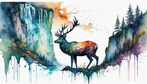 Artistic drawing in watercolor style of a silhouette of the outline of a large deer with its face up. Combined with a breathtaking landscape in an abstract style of natural waterfalls.,watercolor pain