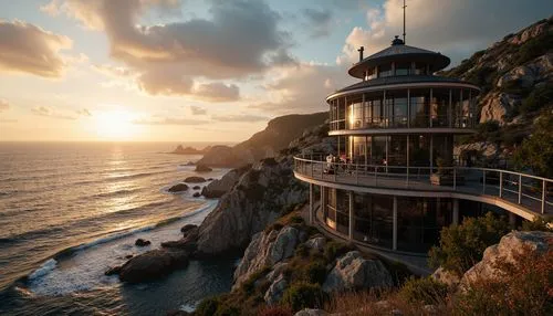 Watchtower on rocky coastline, rugged cliffside, crashing ocean waves, salty sea air, nautical themed architecture, weathered wooden decks, rusty metal railings, lantern-style lighting, circular obser